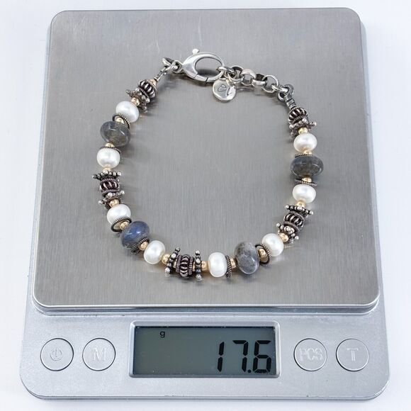 Artisan Sterling Silver 925 Labradorite & Pearl Beaded Bracelet 7"-8" - Picture 5 of 5